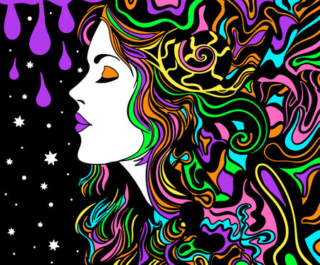 Psychedelic style hippy girl, retro poster. Dreamy woman in space tripのイラスト素材