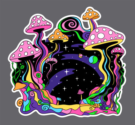 Psychedelic hippie mushrooms sticker. 70s cartoon retro styleのイラスト素材