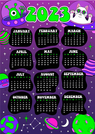 Space cartoon 2023 Calendar year Creative psychedelic vector posterのイラスト素材