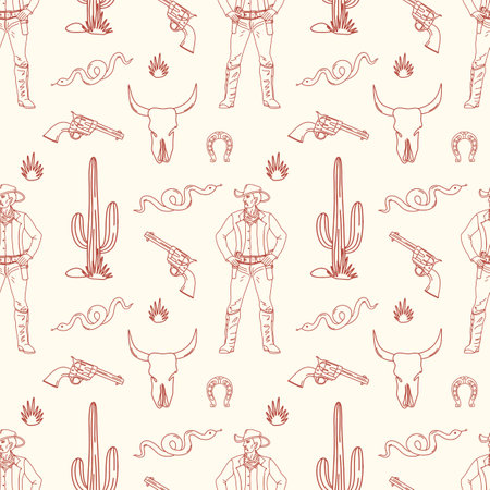 Flat design on the theme of the Wild West, Mexico. Seamless vector pattern, ornament for textiles, packagingのイラスト素材