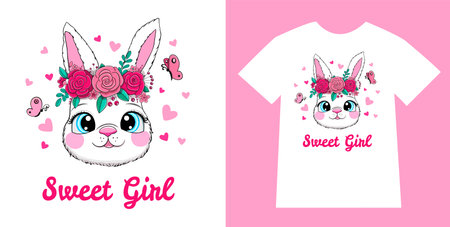 Cute Bunny and flowers. print design rabbit vector illustrationのイラスト素材