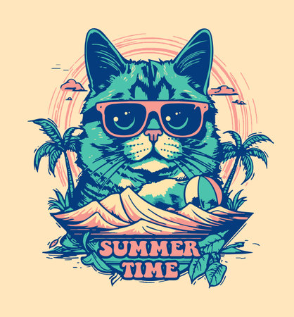 Hello summer retro poster with cat in sunglassesのイラスト素材