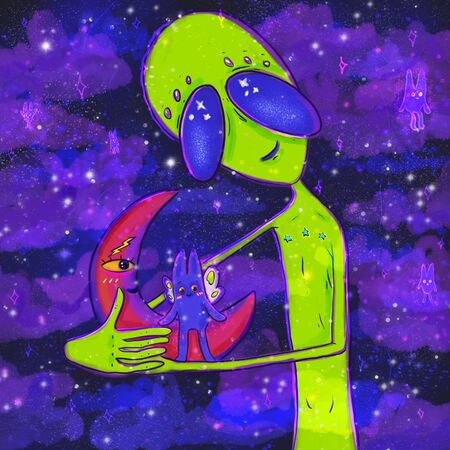 happy alien with moon and rabbit on space