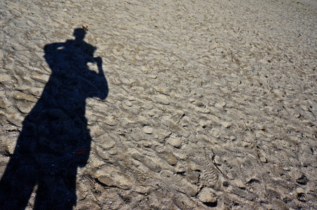 a father's shadow supports a child on the beachの写真素材