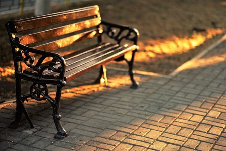 Brown wooden bench with black forging on the handles in the park