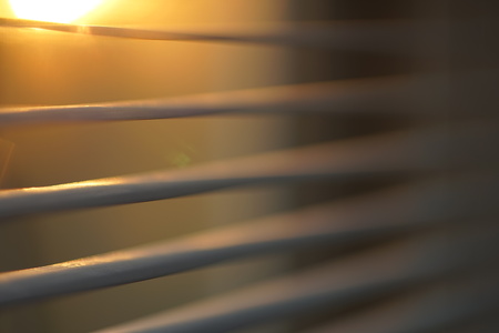 White horizontal blinds lit by the setting sun, macro shotの写真素材