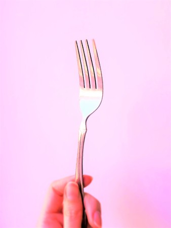 one silver fork in pink tone close up