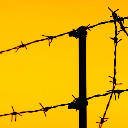silhouette of a fence of barbed wire on an yellow sky backgroundの写真素材