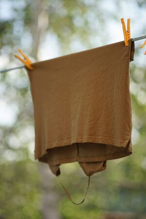 brown t-shirt dry on a rope with clothespins in the garden.の写真素材