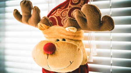 Deer with horns, soft toy, hang on the window with jalousie, New Year's Eveの写真素材