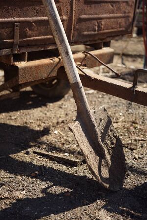 A dirty shovel stands in a rural yard. Tool for gardeningの写真素材