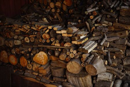 Firewood in the barn. Different types of wood harvested for winter
