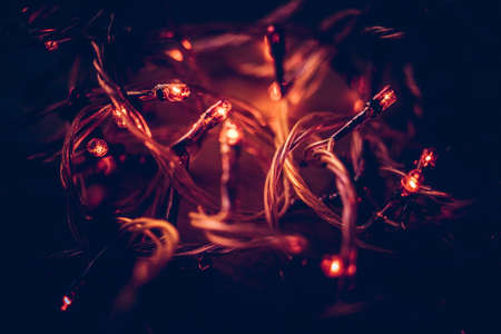 glowing pink garland lights in the dark.の写真素材