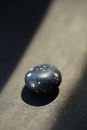 Black pebble stone with white spots on it at black sunny table.の写真素材