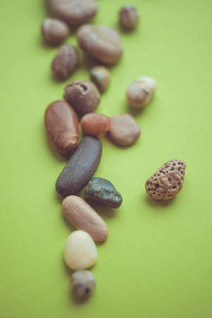 Heap of different pebble stones on green table.の写真素材