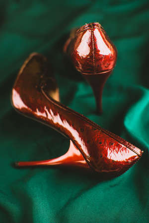 Female red heels in classic style on green silk fabric.の写真素材