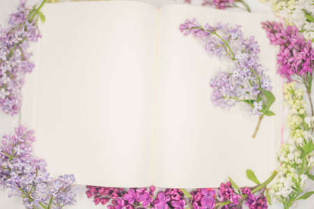 Fresh branches of lilac bush on the spread of a blank book.