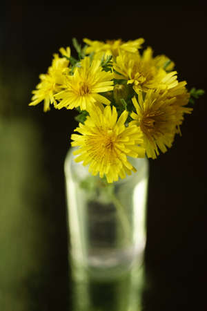 Yellow flowers bouquet on the dark green table, art card.の写真素材