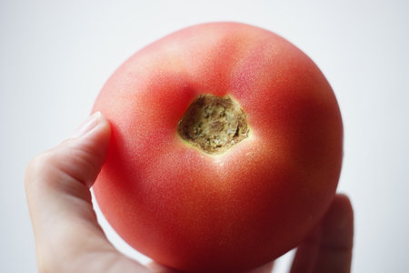 Ripe red tomato in human hand on white background.の写真素材