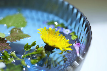 Yellow dandelion flower and different pollen flowers with green leaves float in the water of a blue...
