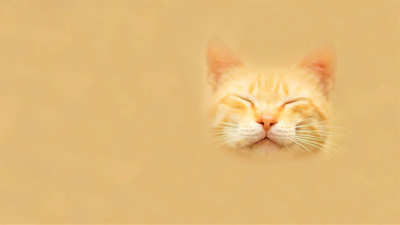Cute ginger cat happy portrait with closed eyes in beige spaceの写真素材