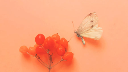 White butterfly and red hawthorn berries on the pink table.の写真素材