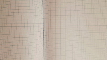 New opened checkered notebook, paper background spreadの写真素材