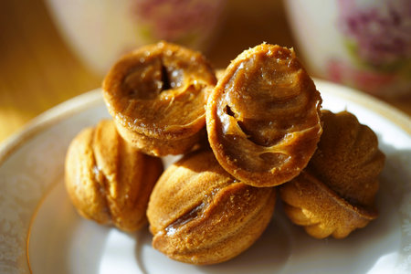 Small cookies in the form of walnuts on a white saucer. Two open in half. Inside is a condensed milk filler. Sweets on the sunny table.の写真素材