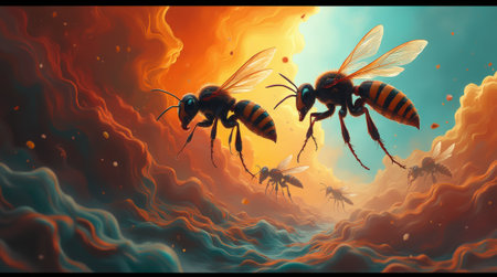 Illustration of two bees flying over the fire, digital art styleの素材