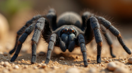 Close up of a tarantula spider sitting on the ground.の素材