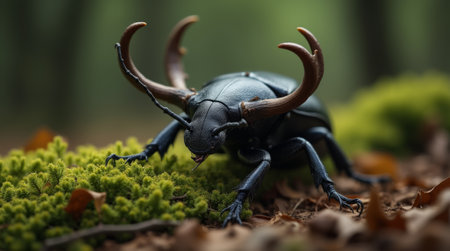 Stag beetle (Lucanus cervus) on green moss backgroundの素材