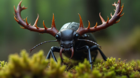 Close-up of a stag beetle on a green moss in the forestの素材