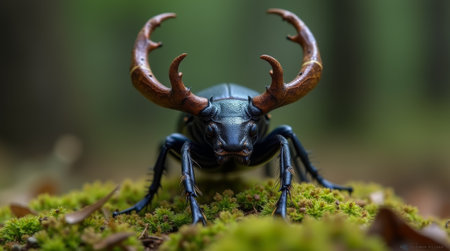 Stag beetle with antlers on the green moss in the forestの素材