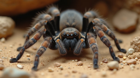 close up of a tarantula spider on a brown background.の素材