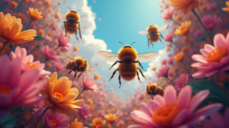 Honey bee flying over flowers and blue sky background. 3d renderingの素材