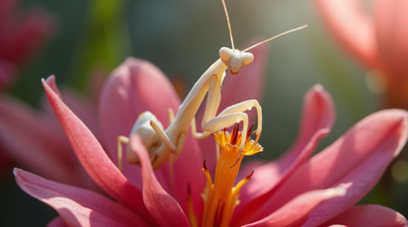 Praying mantis (Mantis religiosa) on pink flowerの素材