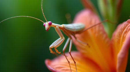 Close up of praying mantis on flower in the rainforest.の素材