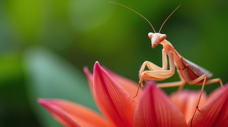 Praying mantis on red flower with green nature background.の素材