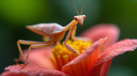 Praying mantis on a red flower in the rain.の素材