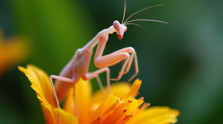 Close up of praying mantis on orange flower in the garden.の素材