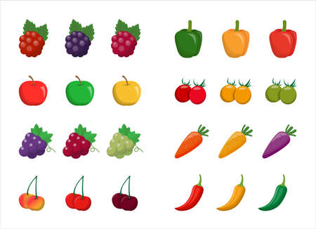 8 different colors of vegetables and fruits isolated on white backgroundのイラスト素材