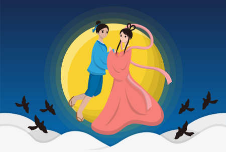 Chinese holiday, Chinese Valentine's Day, Cowherd and Weaver Girl, cartoon vector illustration, July 7のイラスト素材