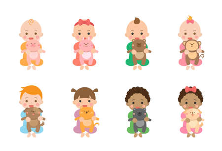 Set of cute babies and their daily illustrations, animal dollsのイラスト素材