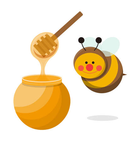 Cute honey jar with bees isolated in white backgroundのイラスト素材