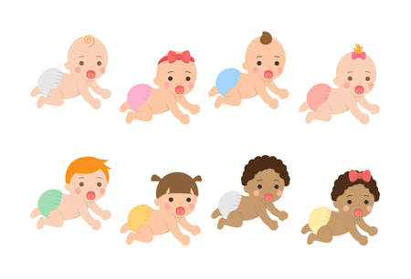 Cute happy babies and their daily illustration set, baby crawlingのイラスト素材