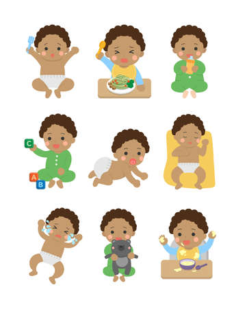 Cute happy baby and his daily set of cute cartoon babies and baby illustrations, baby diapers, crawling babies, eating baby noodlesのイラスト素材