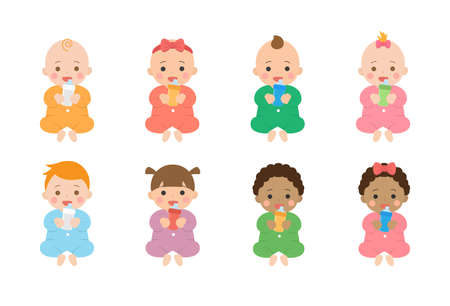 Set of cute happy babies and their daily illustrations, babies drink milkのイラスト素材