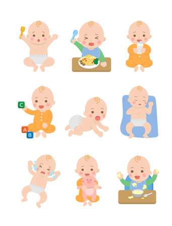 Cute happy baby and his daily set of cute cartoon babies and baby illustrations, baby diapers, crawling babies, eating baby noodlesのイラスト素材