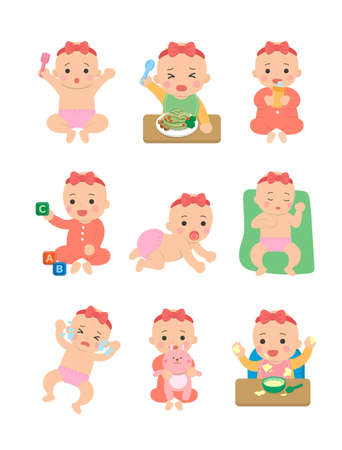 Cute happy baby and her daily set of cute cartoon babies and baby illustrations, baby diapers, crawling babies, eating baby noodlesのイラスト素材