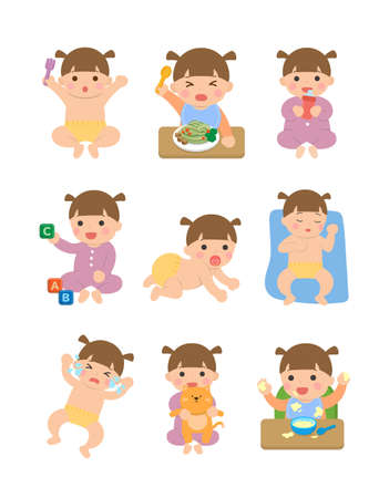 Cute happy baby and his daily set of cute cartoon babies and baby illustrations, baby diapers, crawling babies, eating baby noodlesのイラスト素材